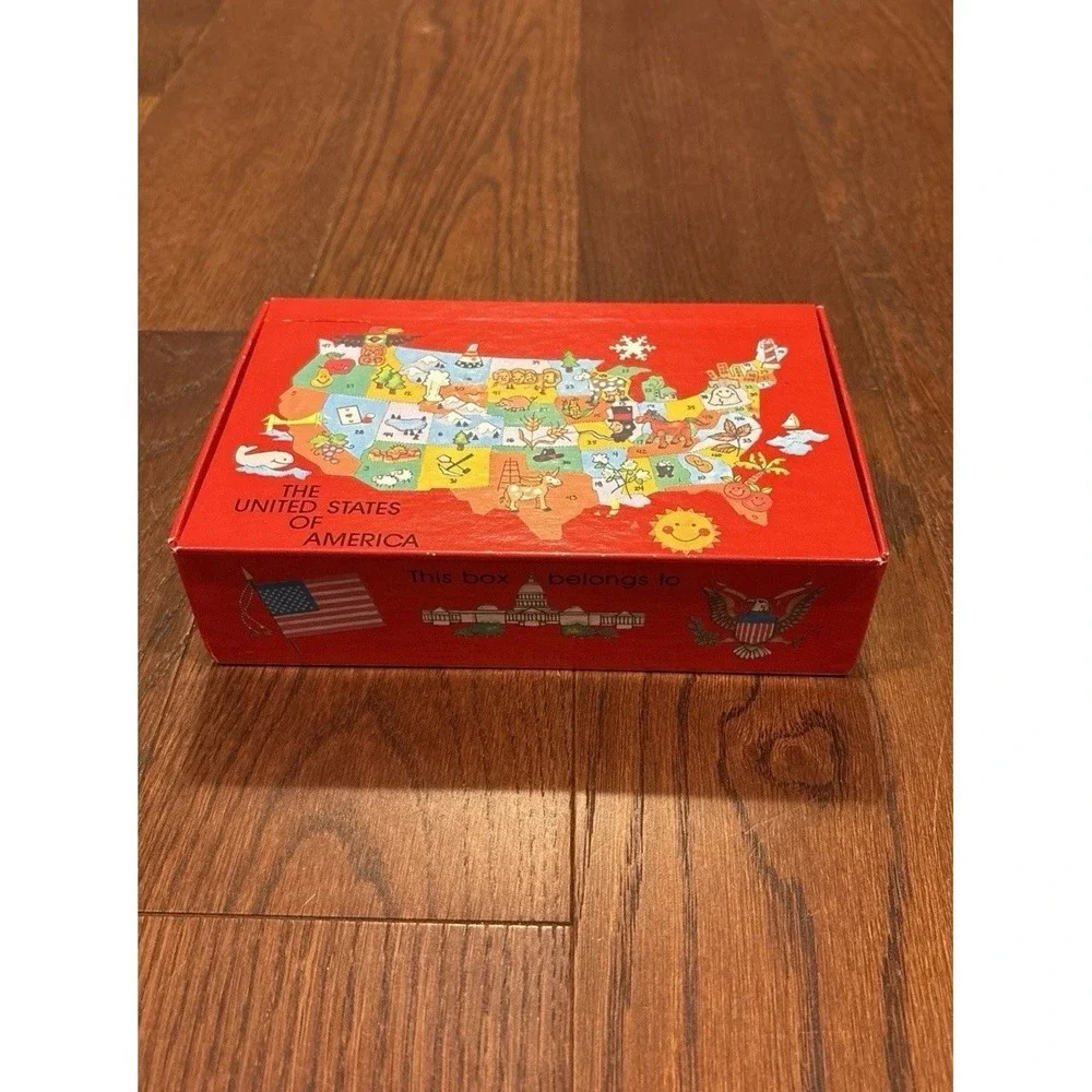 Vintage School Pencil Supply Box Holder United States Map Red